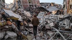 A person walking through rubble in the middle of nowhere.