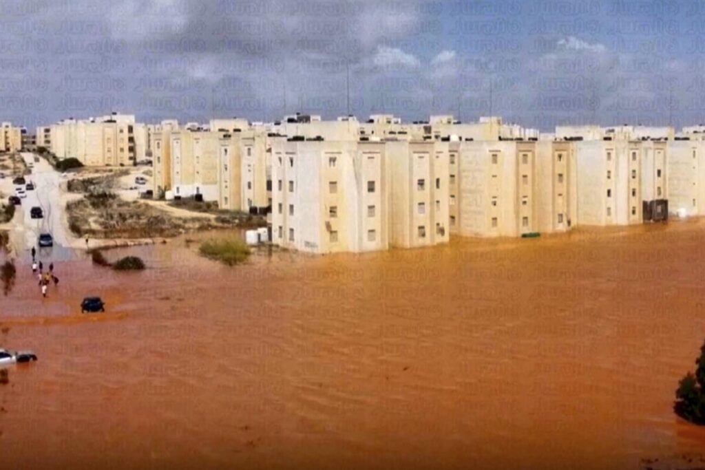 A flooded area with buildings and water