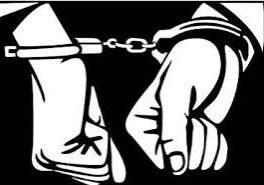 A black and white illustration of hands with handcuffs.