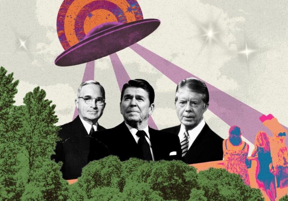 A collage of three men in suits and one man is flying a saucer.